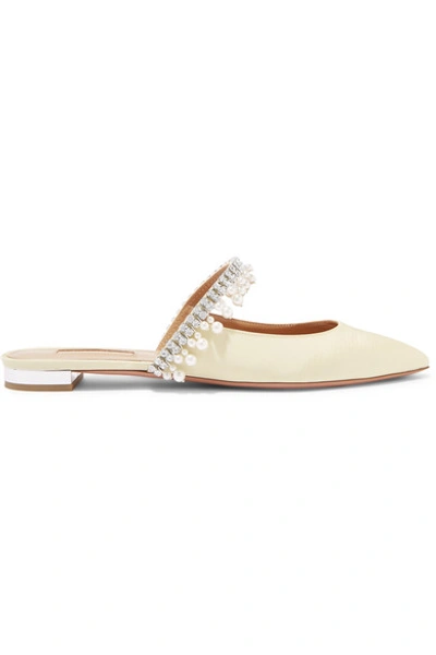 Shop Aquazzura Exquisite Crystal And Faux Pearl-embellished Grosgrain Slippers In Beige