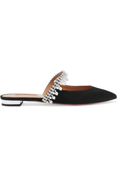 Shop Aquazzura Exquisite Crystal And Faux Pearl-embellished Grosgrain Slippers In Black