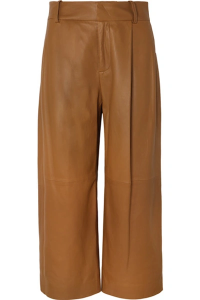 Shop Vince Cropped Leather Wide-leg Pants In Camel