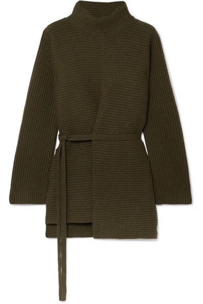 Shop Vince Belted Asymmetric Ribbed Wool And Cashmere-blend Turtleneck Sweater In Army Green