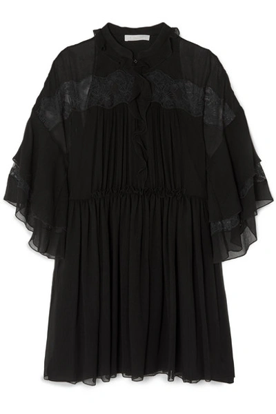 Shop Chloé Lace-paneled Ruffled Plissé-silk Georgette Mini Dress In Black