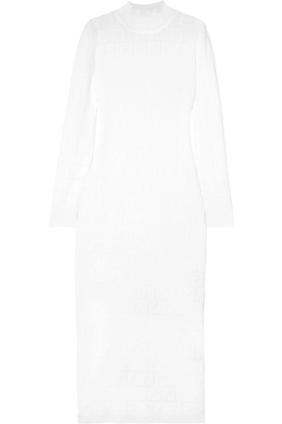 Shop Fendi Cotton-blend Jacquard-knit Midi Dress In White