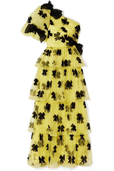 Shop Rodarte One-shoulder Bow-detailed Tiered Printed Tulle Gown In Yellow