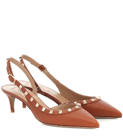 Shop Valentino Rockstud Slingback Leather Pumps In Brown