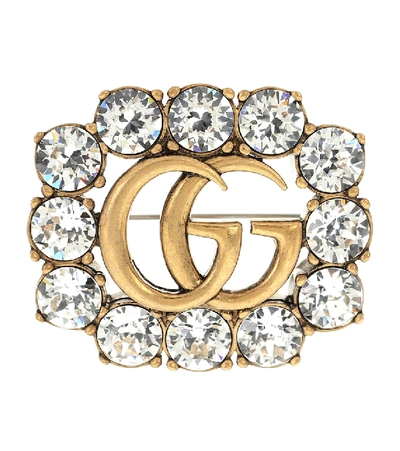 Shop Gucci Double G Crystal-embellished Brooch In Metallic