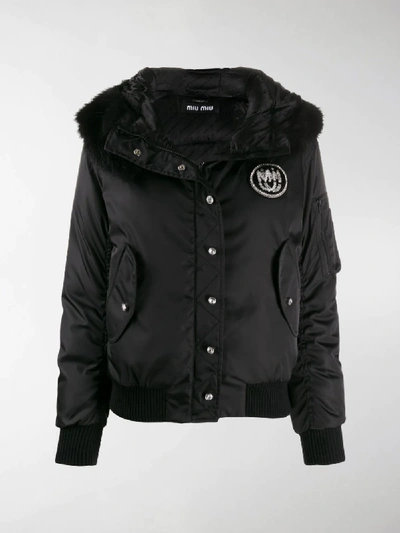Shop Miu Miu Crystal-embellished Belted Puffer Jacket In Black