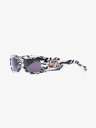Shop Balenciaga Black And White Rectangular Zebra Print Bb Logo Sunglasses