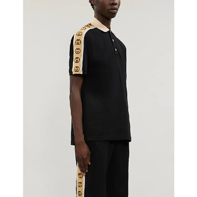 Shop Gucci Logo-tape Cotton-blend Piqué Polo Shirt In Black