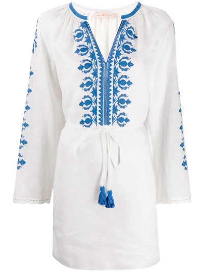 Shop Tory Burch Tassel-detail Embroidered Mini Dress In White