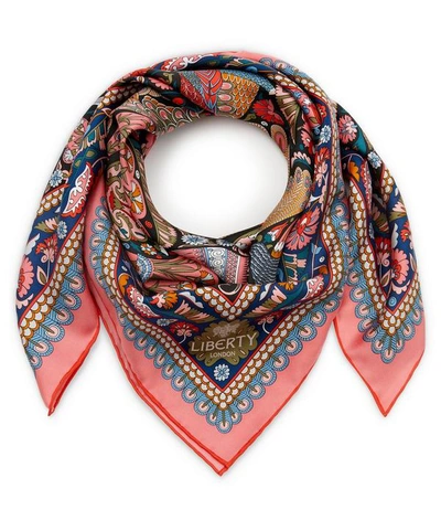 Liberty London Peacock Garden 70 X 70cm Silk Twill Scarf In Khaki
