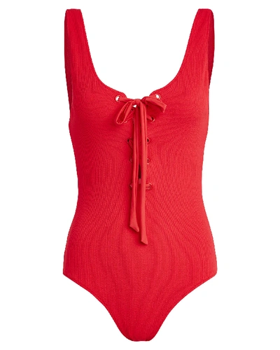 Shop Ganni Textured Lace-up One Piece Swimsuit In Red