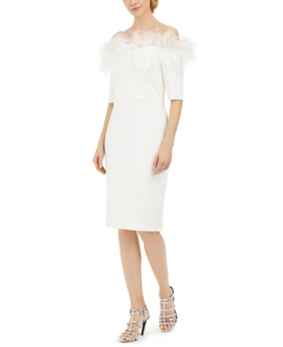 Shop Calvin Klein Off-the-shoulder Faux-feather Dress In Cream
