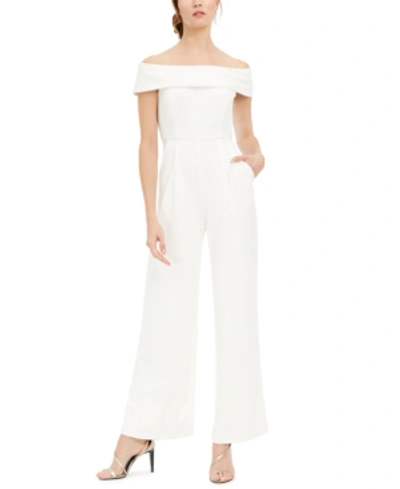 Shop Calvin Klein Off-the-shoulder Jumpsuit In Cream