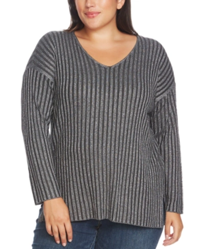 Shop Vince Camuto Plus Size Metallic Ribbed Sweater In Medium Heather Grey