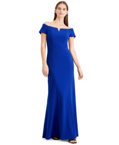 Shop Calvin Klein Notched Off-the-shoulder Gown In Ultramarine Blue