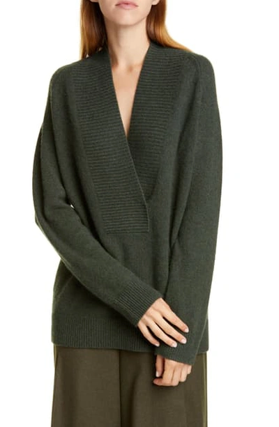 Shop Vince Ribbed Detail Wrap Front Wool & Cashmere Tunic Sweater In Heather Moss