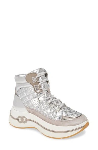 Shop Tory Burch Gemini Link Quilted Hiking Boot In Silver / Gray