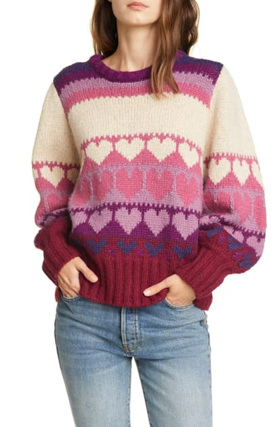 Shop Loveshackfancy Shirelle Heart Pattern Balloon Sleeve Sweater In Prune