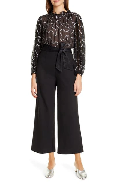 Shop Rebecca Taylor Nuage Metallic Dot Mix Media Silk & Wool Blend Jumpsuit In Black/ Gunmetal