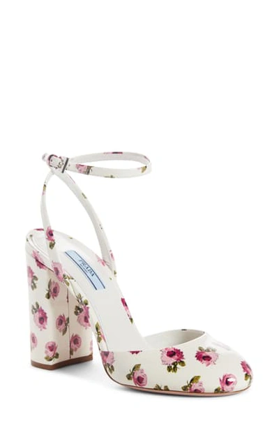 Shop Prada Floral Ankle Strap Block Heel Pump In White