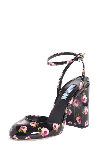 Shop Prada Floral Ankle Strap Block Heel Pump In Black