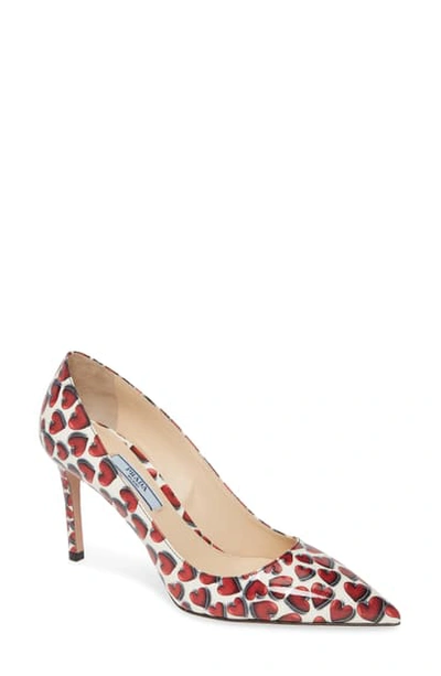 Shop Prada Heart Print Pointed Toe Pump In White/ Red