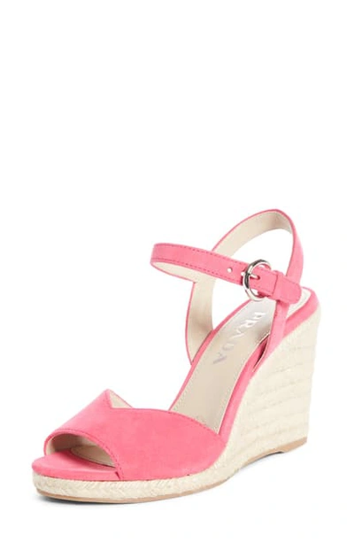 Shop Prada Raffia Wedge Sandal In Pink Suede