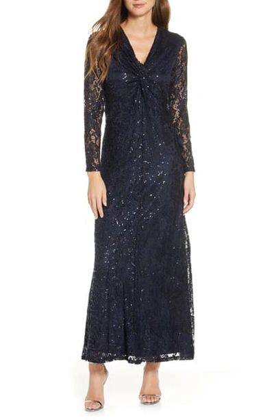 Shop Tahari Long Sleeve Sequin Lace Gown In Navy