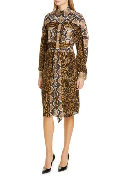 Shop Burberry Costanza Cape Sleeve Leopard & Snake Print Silk Shirtdress In Dark Mustard