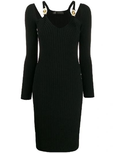 Shop Versace Medusa Detail Ribbed Dress In Black