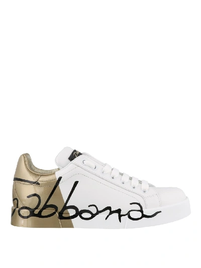 Shop Dolce & Gabbana Portofino White And Gold Leather Sneakers