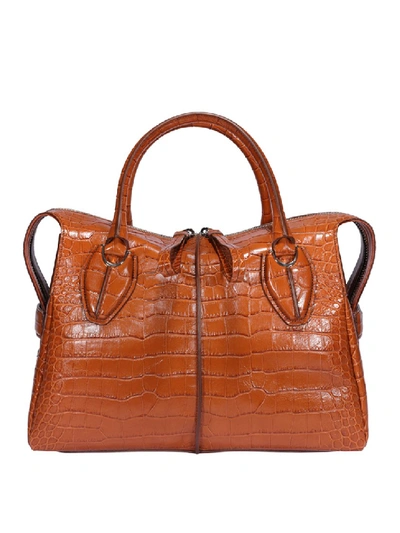 Shop Tod's D-styling M Croco Print Leather Bowling Bag In Brown