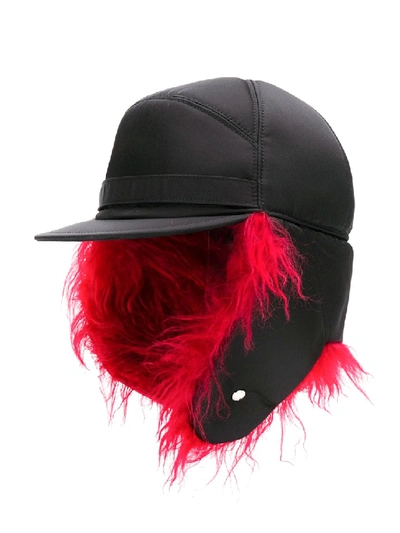 Shop Prada Nylon Baseball Cap With Mohair Ear Flaps In Black