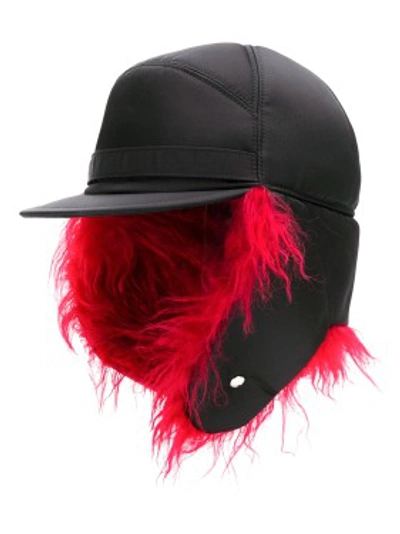 Shop Prada Nylon Baseball Cap With Mohair Ear Flaps In Black