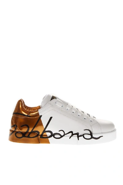 Shop Dolce & Gabbana Low-top Leather White Orange Sneakers