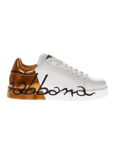 Shop Dolce & Gabbana Low-top Leather White Orange Sneakers