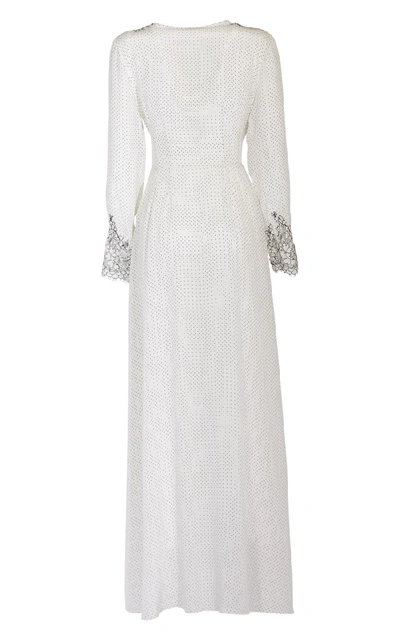 Shop Rosamosario Chaplin's Love" Silk Crepe Printed Polka-dots Long Robe With Lace" In White