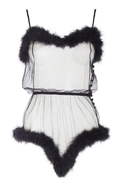 Shop Rosamosario Peter Pan Body In Tulle Decorated With Black Feathers In White
