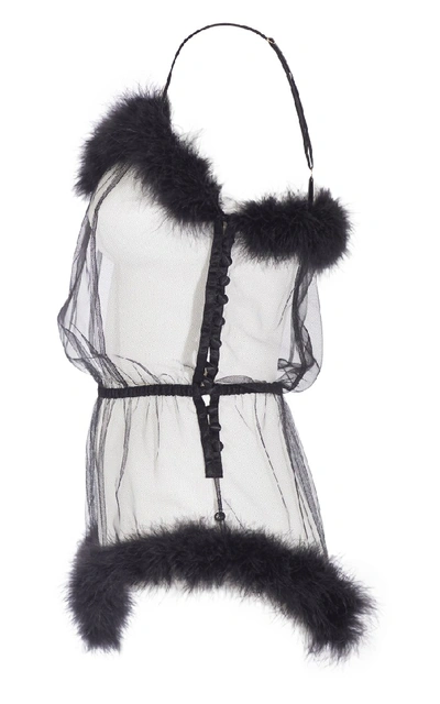 Shop Rosamosario Peter Pan Body In Tulle Decorated With Black Feathers In White