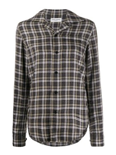 Shop Saint Laurent Long-sleeved Checkered Shirt In Grey