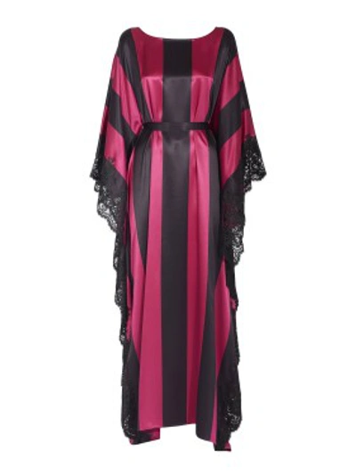 Shop Rosamosario Wallah, Let's Stripes!" Silk Satin Large Stripes Kaftans With Lace" In Pink