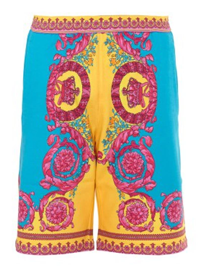 Shop Versace Neon Baroque Print Shorts In Blue