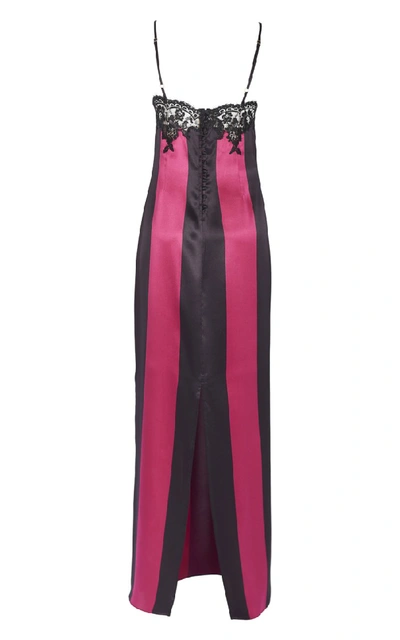 Shop Rosamosario Wallah, Let's Stripes!" Silk Satin Large Stripes Long Dress With Lace" In Pink
