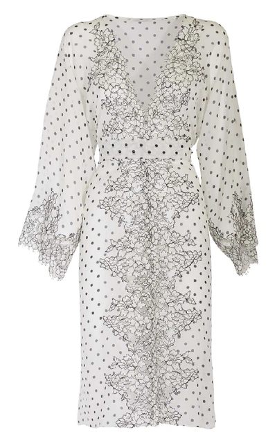 Shop Rosamosario Chaplin's Love" Silk Georgette Printed Polka-dots Short Robe With Lace" In White