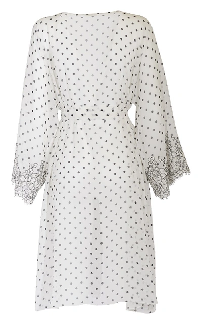 Shop Rosamosario Chaplin's Love" Silk Georgette Printed Polka-dots Short Robe With Lace" In White