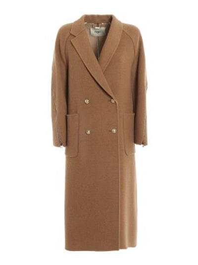 Shop Fendi Camel Coat With Zippers In Brown