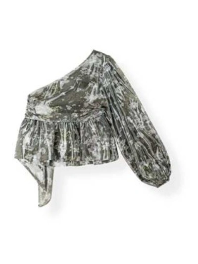 Shop Ganni Metallic Floral-print One Shoulder Blouse In Grey