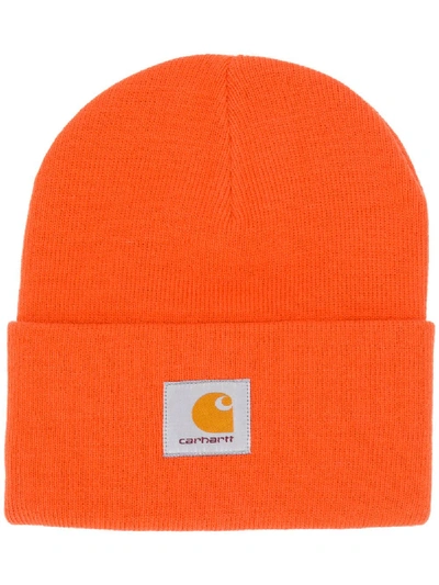 Shop Carhartt Cable Knit Logo Beanie In Orange