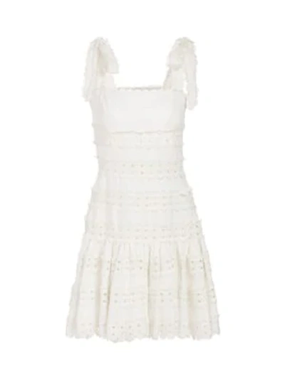 Shop Zimmermann Kirra Tie Mini Lace Eyelet Linen A-line Dress In Ivory