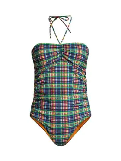 Shop Ganni Checker Halter One-piece Swimsuit In Multicolor